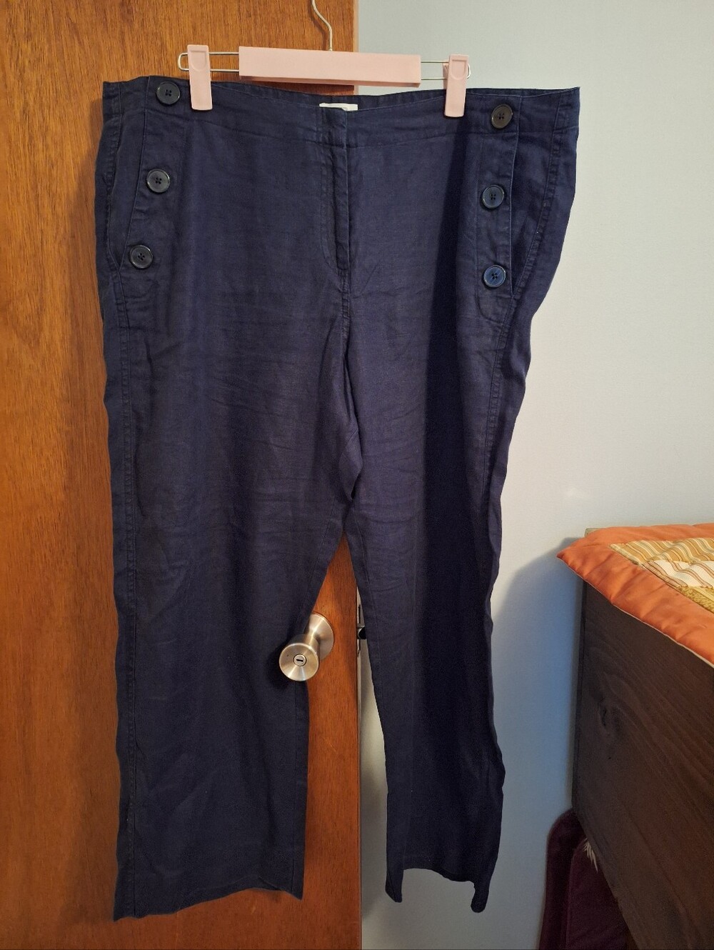 Crown & Ivy Navy Button-Accent 100% Linen Pants Wide Leg Women's Size 16